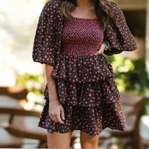 VESTIQUE Dark Brown Floral Meet in Middle Mini Dress Smocking Puff Sleeve M NWT